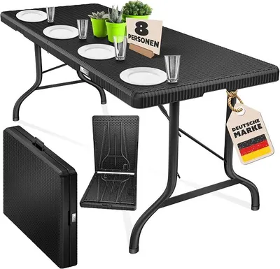 Produktbild von Buffettisch Tisch klappbar Kunststoff 183x76cm Rattan Optik Campingtisch Partytisch Klapptisch Gartentisch 6 Personen Garten Terrasse & Balkon zusammenklappbar inkl. Tragegriff Schwarz