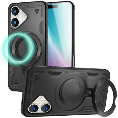 Obrázok produktu pre Magnetický ochranný obal NALIA pre iPhone 16 – prstencový držiak 360° a pre MagSafe – STORMGUARD (vonkajší obal) – značka z Berlína – titánová čierna