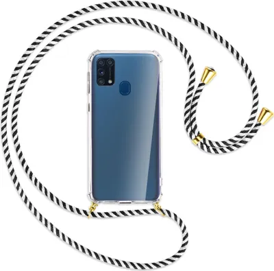 Produktbild von Handykette Backcover-Schutzhülle mit Band (Metall goldfarben) für Samsung Galaxy M31 - schwarz/weiß gestreift