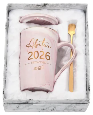 Obrázok produktu pre Šálka na kávu, darček pre maturantov 2026, ružová, 400 ml, s lyžičkou a viečkom