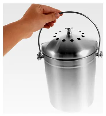Produktbild von Edelstahl Komposteimer 5l mit geruchsdichtem Deckel und Aktivkohlefilter für Bioabfälle auf der Küchenarbeitsplatte