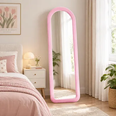 Produktbild von Ganzkörperspiegel 160x50 cm, Bogenspiegel mit Gepolsterter Flanellbezugrahmen, Standspiegel/Wandspiegel für Schlafzimmer,Wohnzimmer und Flur