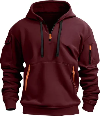 Obrázek produktu pro Mikiny pro muže čtvrt zip pulovr taktické mikiny vintage dlouhý rukáv neformální módní mikina s kapucí s kapsami, pánské, vínová, L