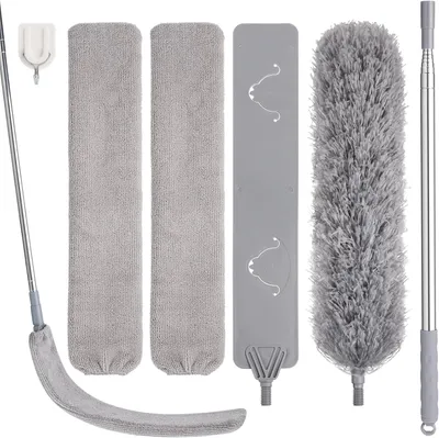 Produktbild von Staubwedel Teleskop Waschbar, Staubwischer Mikrofaser mit 2 Biegbare Eckbesen Spalt-Staubreiniger 1 Edelstahl Teleskopstange für Reinigung Unter Sofa