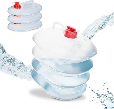 Immagine prodotto di Set di 4 taniche pieghevoli - 5 litri - piccolo contenitore d'acqua con rubinetto - senza BPA - campeggio - trasparente/rosso