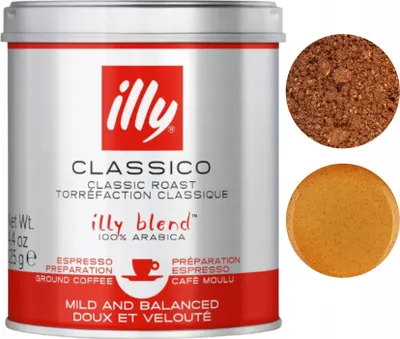 A can of Illy Classico ground coffee with two circular insets showing coffee grounds and a coffee puck.