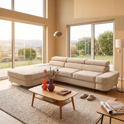 Produktbild von MUFFO Ecksofa JAZZ L Links mit Schlaffunktion 127x216 Velours Beige, KI-generiertes Bild