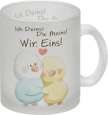 Produktbild von Vogelpaar Glas Tasse mit Spruch Ich Deins Du Meins Wir Eins