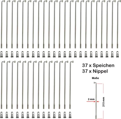 Produktbild von 37 Stück Fahrrad Speichen BÜCHEL 215 mm INOX 2,0 mm nicht rostend Silber inkl. Speichennippel