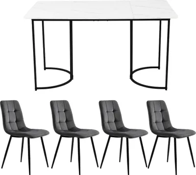 Produktbild von Flieks Essgruppe Esstisch mit 4 Esszimmerstuhl, Sitzgruppe Küchentischset 5tlg., Küchentisch mit 4 Esszimmerstuhl, Stuhl mit Samtbezug, Grau Schwarz