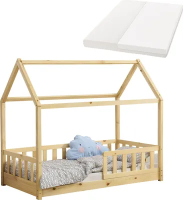 Produktbild von Juskys Kinderbett Marli 80 x 160 cm mit Matratze, Lattenrost & Dach - Holz Natur