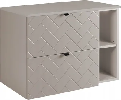 A beige matte washbasin cabinet with two drawers and an open shelf on the right side.