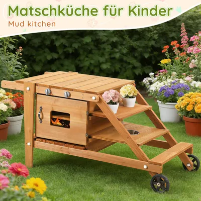 Produktbild von MODFU Outdoor-Kinderspielzeug Matschküche für Kinder Spielküche inkl Gartenküche mit Rollen Outdoor-Kinderspielzeug Essenswagen aus Holz Natur