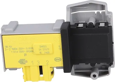A close-up studio shot of a washing machine door lock mechanism.