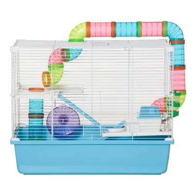 Produktbild von PawHut Käfig für Nagetiere und Hamster, 3 Ebenen mit Tunnel, Wasserflasche, Rädern, Haus, Leiter, Abm. 59 L x 36 B x 47 H cm