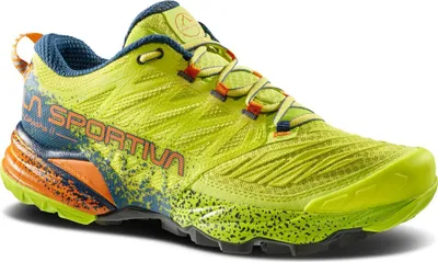 Trailrunning-Schuh "Akasha II" von La Sportiva in leuchtendem Gelb mit blauen und orangefarbenen Akzenten.