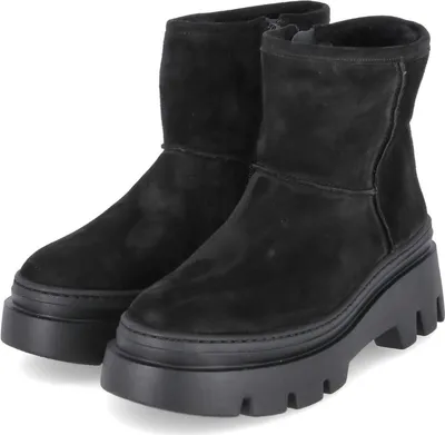 A pair of black suede boots with thick platform soles are shown against a white background.