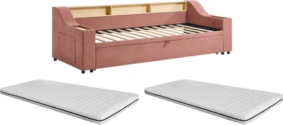 Produktbild von Ausziehbett - 2 x 80 x 200 cm - mit Stauraum & USB-Anschluss - Stoff - Rosa - ORAVAYA