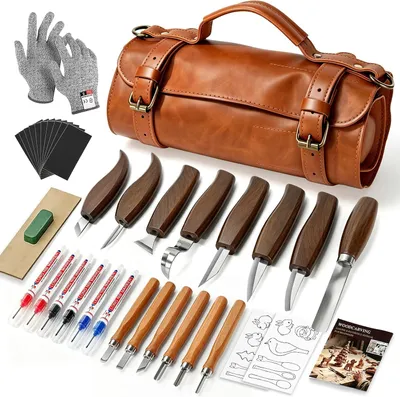 Imagen del producto de Juego de herramientas para tallado, que incluye cinceles, cuchillos para tallar, papel de lija, una bolsa de almacenamiento de poliuretano, 1 juego, para