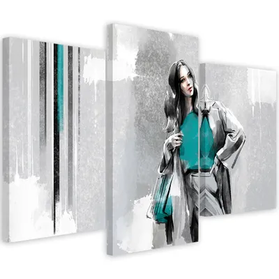 Produktbild von Triptychon auf leinwand frau im mantel 90x60 cm Feeby silber wandbild bereit zum aufhängen