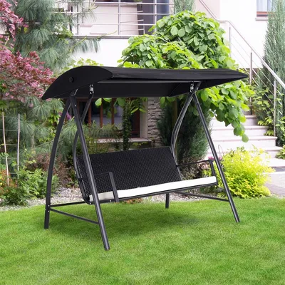 Produktbild von Hollywoodschaukel mit Verstellbar Sonnendach und Sonnenschutz Sitzkissen 3-Sitzer Gartenschaukel Hängeschaukel für Garten 198x124x179cm Schwarz