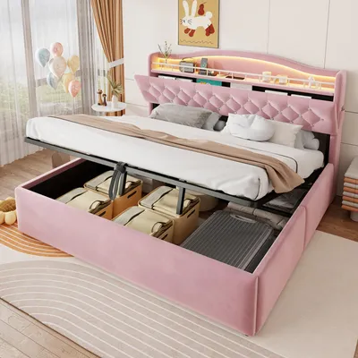 Image de Lit hydraulique avec sommier à ressorts, dimensions 180x200 cm, avec fonction de rangement et revêtement en similicuir. Lit pour adolescents et enfants, avec étagère et tête de lit rabattable. Lit double en velours, couleur rose