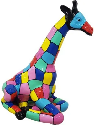 Zdjęcie produktu dla Casa Padrino designerska rzeźba dekoracyjna siedząca żyrafa kolorowa h. 80 cm - figura dekoracyjna odporna na warunki atmosferyczne - dekoracja salonu, ogrodu, tarasu