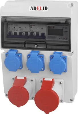 A white electrical distribution box with multiple outlets and circuit breakers.