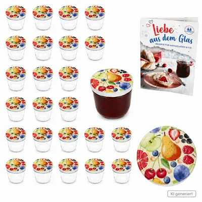 Immagine prodotto di Set da 25 barattoli da 230 ml con coperchio a vite, barattoli per conserve con motivo a fumetti e frutta