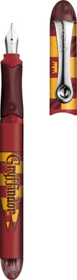 A fountain pen with a Harry Potter theme, specifically for Gryffindor house, shown with its cap off.