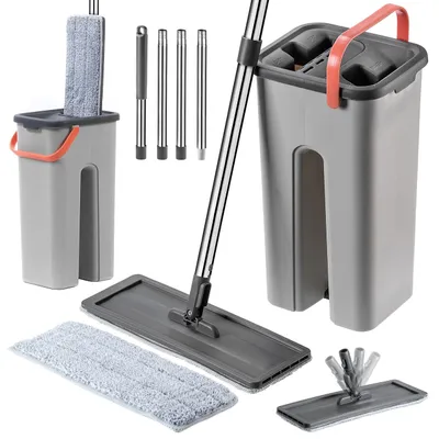Obrázok produktu pre KADAX mop na rôzne povrchy, robustný podlahový mop s dvojkomorovým vedrom, plochý mop