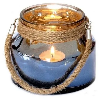 Produktbild von Blaue Glaslaterne mit Henkel aus Kordel, Durchmesser 15,5 cm, Höhe 12,7 cm