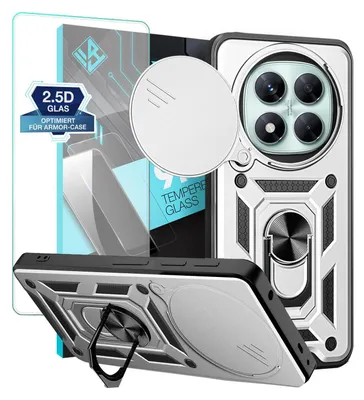 A collage showing a phone case and screen protector for a Xiaomi Redmi Note 14 Pro 5G, with close-ups of the case's features.