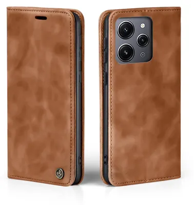A brown leather flip case for a smartphone is shown from two angles.