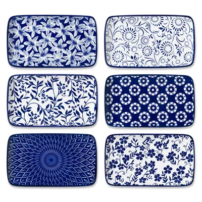 Obrázek produktu pro Sada talířů na sushi, vancasso, 6 ks obdélníkových servírovacích talířů, servírovací talíř, modrobílý porcelán