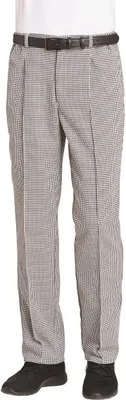 A mannequin wearing checkered pants and a belt.