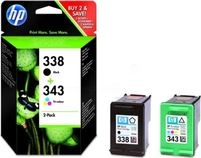 Produktbild von HP 338 Schwarz/343 Cyan/Magenta/Gelb 2er-Pack Original Druckerpatronen, Hohe (XL-) Ausbeute, Schwarz, Cyan, Magenta, Gelb, Tinte auf Pigmentbasis, Tinte auf Farbstoffbasis, 2 Stück(e), 480 Seiten
