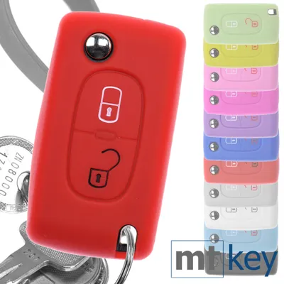 Produktbild von Auto Schlüssel Hülle Silikon Schutz Cover Rot kompatibel mit Citroen Berlingo C2 C3 Peugeot 207 307 308 2 Tasten Klappschlüssel