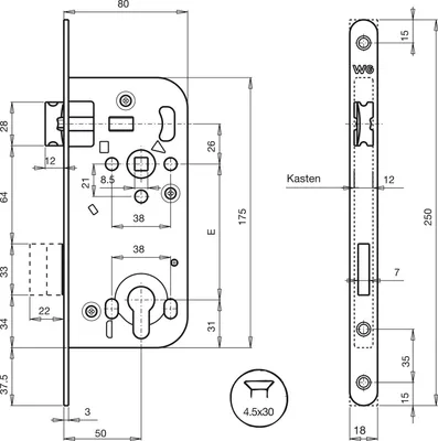 Produktbild von WG Einstemmschloss 321 R, PZW, DM 50, Stahl verzinkt silberfärbig