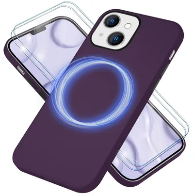 Immagine prodotto di Custodia MagSafe con 2x vetro protettivo per iPhone 14, cover per cellulare in silicone Easy Clean bordeaux