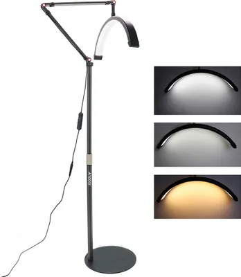 Produktbild von Andoer HD-M2X 20 W Boden-LED-Videoleuchte, halbmondfoermiges Fuelllicht, 3000 KšC6000 K, dimmbar, mit verstellbarem Metall-Lichtstaender, Telefonhalter fuer Schoenheitssalon, Make-up, Live-Streaming, Nachttischleuchte