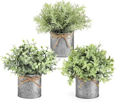 Immagine prodotto di Fiori artificiali in vasi di metallo - Set da 3 - Eucalipto artificiale - per il soggiorno e l'ufficio