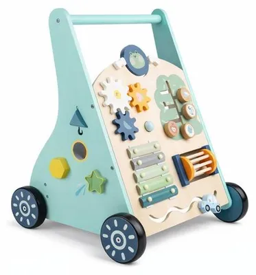 Productafbeelding van Laavir Activiteiten loopwagen - Houten Loopwagen voor Baby's - Montessori Activiteitenwagentje met Spelletjes en Klok - Mintblauw -Gecertificeerd - 1 Jaar+
