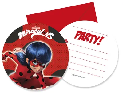 Produktbild von Einladungskarten mit Umschlägen, Motiv "Miraculous Ladybug", 11 cm, 6 Stück.