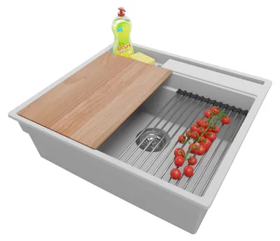 Produktbild von PRIMAGRAN Spülbecken Grau 58x53cm, Granitspüle 1 Becken + Ablauf-Set + Küchenzubehörset, Küchenspüle ab 60er Unterschrank - Oslo Pocket