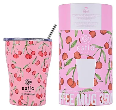 Produktbild von ESTIA | Isolierbecher - 350 ml - Thermobecher mit Fruchtmotiv - mit Strohhalm und Dichter Deckel