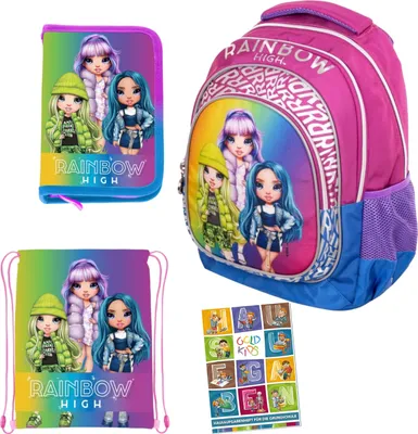 Produktbild von 4er Set Schulrucksack Rucksack Federmappe Turnbeutel Aufgabenheft Rainbow High Motiv geeignet ab der ersten Klasse der Grundschule