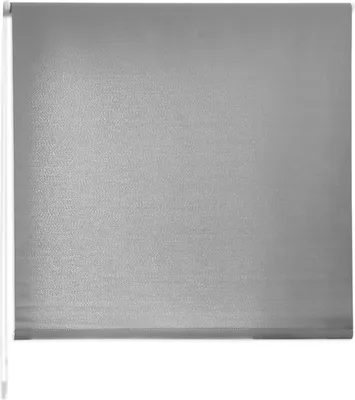 A close-up view of a gray roller blind against a white background.