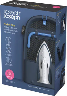 Produktbild von Joseph Joseph Pocket Plus Folding Ironing Board with Advanced Cover, Bügelbrett in Originalgröße, Baumwolle, Dampfbügeleisen, Blau, Blau, 330 x 900 mm