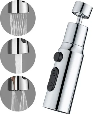 A chrome kitchen faucet sprayer head is shown with three circular insets demonstrating different water spray patterns.